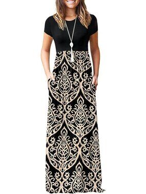 Women's Black Khaki Short Sleeve Loose Plain Maxi Pockets Casual Long Dresses